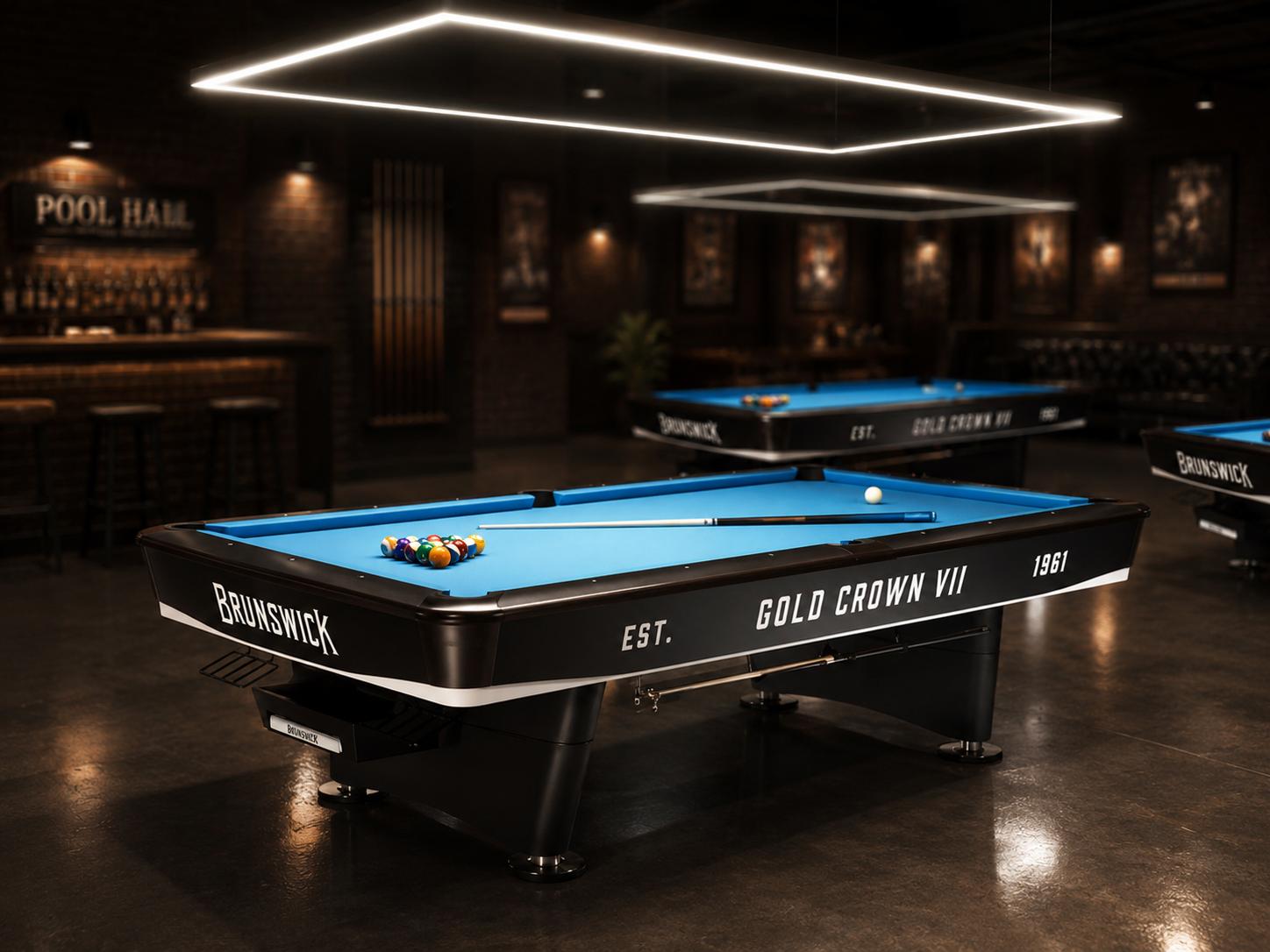 Pool table with billiard balls racked and cue stick at Rockland Billiards
